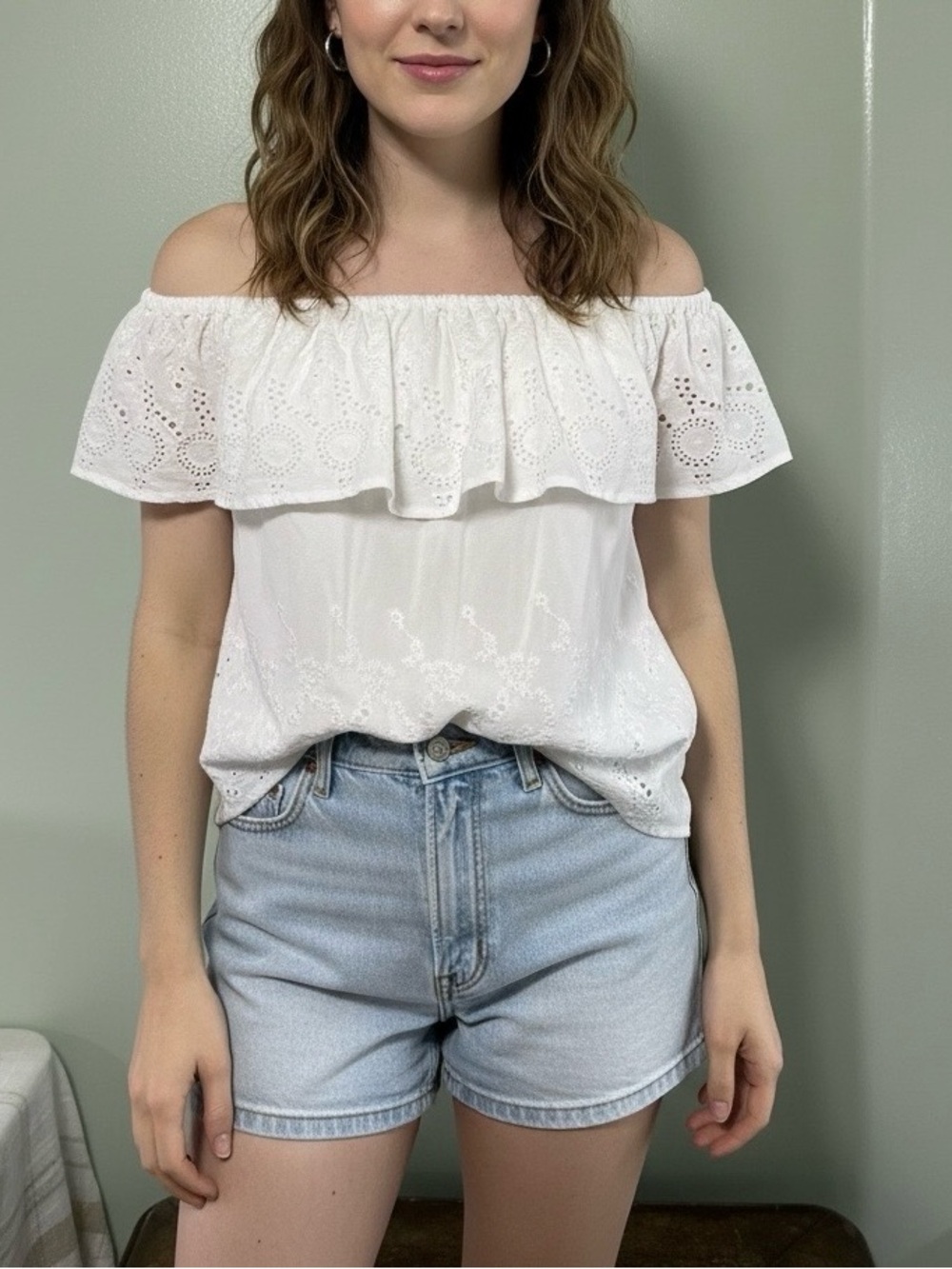 Lucky Brand White Off-Shoulder Eyelet Ruffle Blouse size S viscose